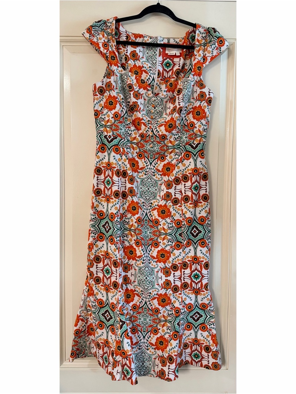 Anthropologie White Maxi Dress with Orange Floral Trim and Green Details